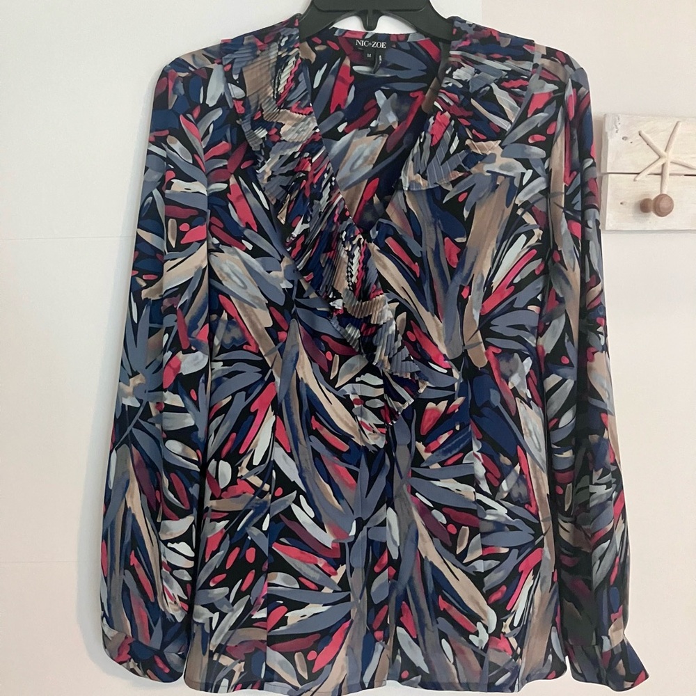 NIC+ZOE Ruffled Blue and Pink Long Sleeve Blouse
